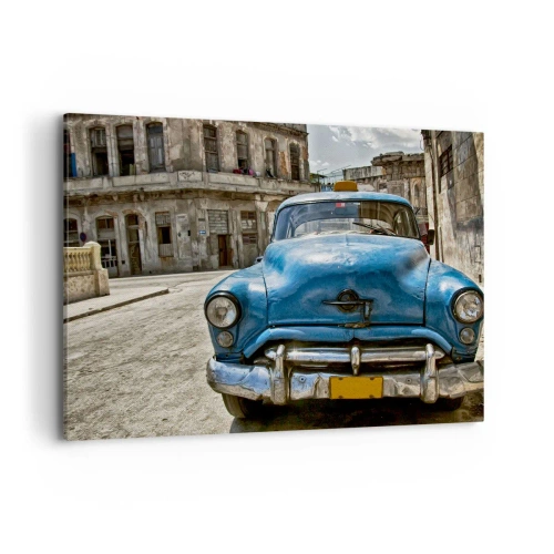 Cuadro sobre lienzo - Impresión de Imagen - Un viejo coche azul en la calle en estilo retro. - 100x70cm - Lo antiguo es hermoso - Decoración de pared moderna para salón y dormitorio ARTTOR