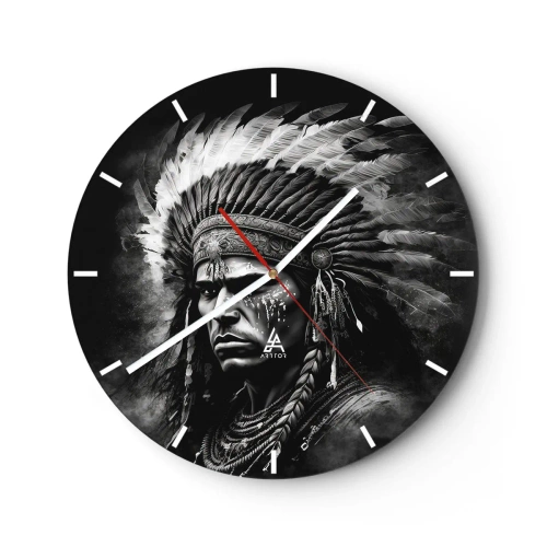 Reloj de pared - Reloj de vidrio - Retrato de un jefe con un tocado de plumas en estilo monocromático - 30x30cm - Líder y guerrero - Decoración de pared moderna para salón, cocina y dormitorio ARTTOR