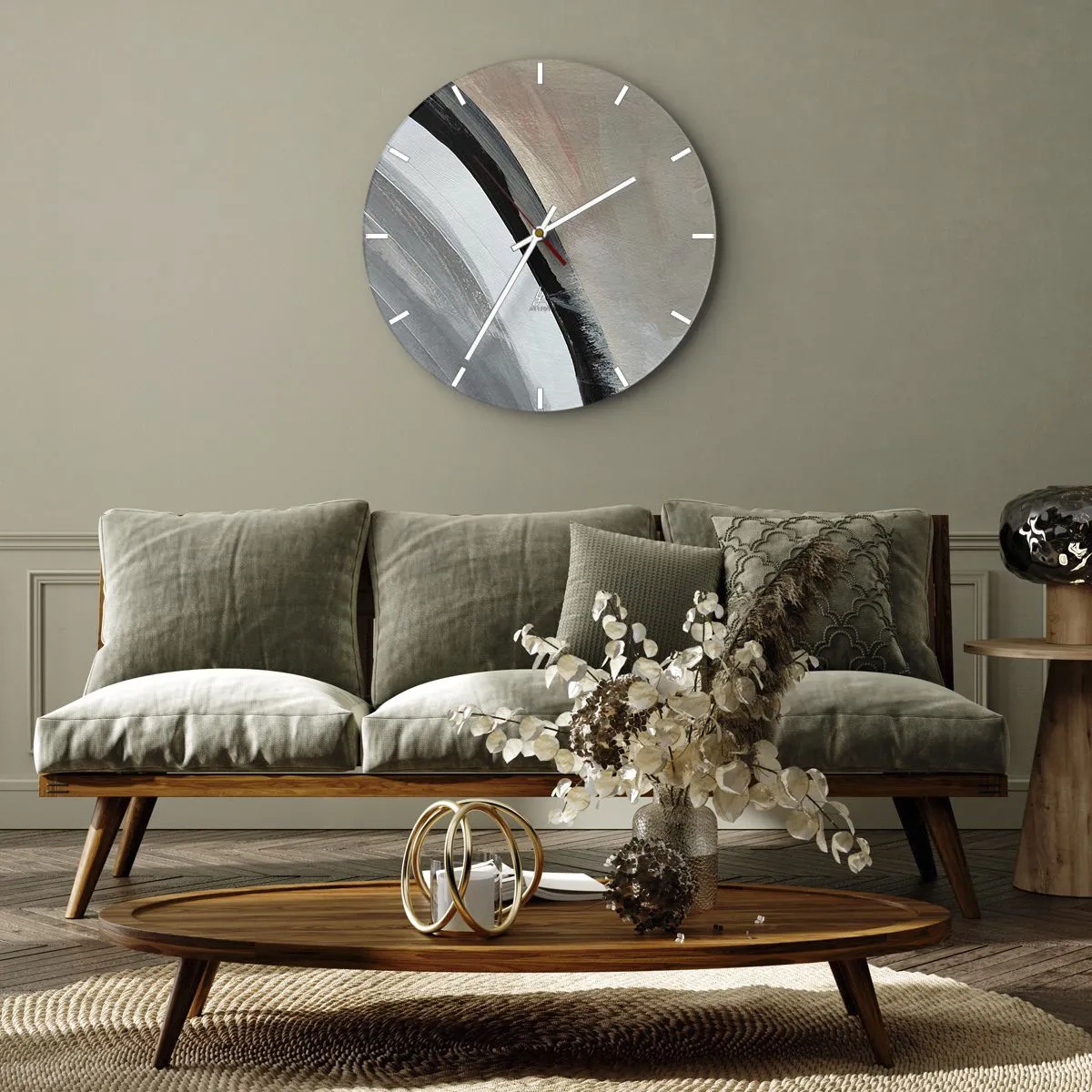 Reloj de pared - Reloj de vidrio - Composición: un arco negro y gris - 30x30 cm