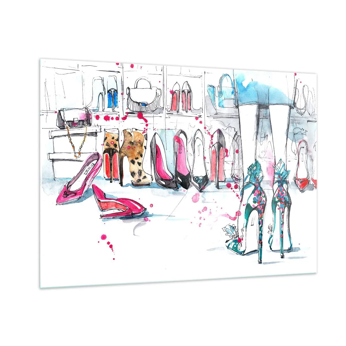 Cuadro sobre vidrio - Impresiones sobre Vidrio - Ilustración de elegantes tacones altos en una tienda. - 100x70cm - Ábrete, sésamo - Decoración de pared moderna para salón y dormitorio ARTTOR