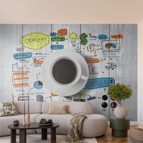 Fotomural Premium Canvas - Una taza de café sobre el fondo de un dibujo conceptual. - 100x70cm - Tiempo de descanso - Decoración de pared moderna para salón y dormitorio ARTTOR