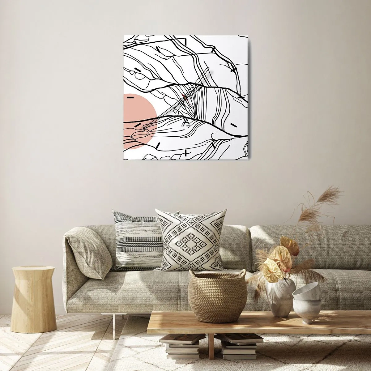 Reloj de pared - Reloj de vidrio - Líneas minimalistas con acento geométrico. - 30x30cm - En una red de ramas - Decoración de pared moderna para salón y dormitorio ARTTOR