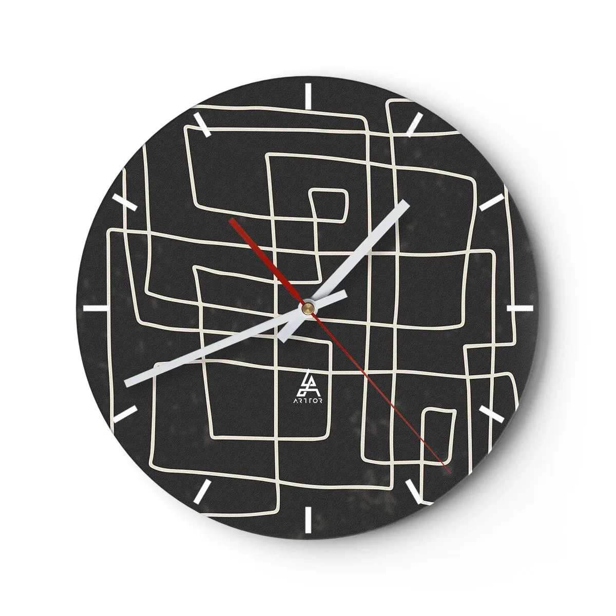 Reloj de pared - Reloj de vidrio - Líneas geométricas blancas que forman una intrincada cuadrícula sobre un fondo negro. - 30x30cm - No es tan sencillo - Decoración de pared moderna para salón, cocina y dormitorio ARTTOR