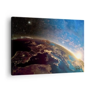 Cuadro sobre lienzo - Impresión de Imagen - Vista de la Tierra desde el espacio al amanecer - 70x50cm - Mirémonos a nosotros mismos desde la distancia - Decoración de pared moderna para salón y dormitorio ARTTOR