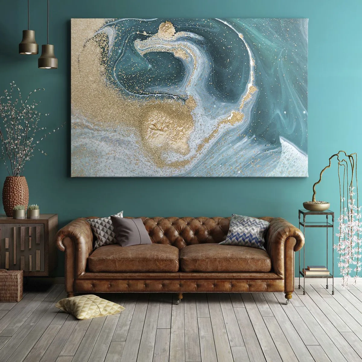 Cuadro sobre lienzo - Impresión de Imagen - Remolino abstracto en tonos turquesa y dorado - 70x50cm - Un remolino de oro y turquesa - Decoración de pared moderna para salón y dormitorio ARTTOR
