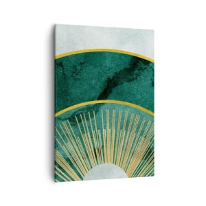 Cuadro sobre lienzo - Impresión de Imagen - Patrón abstracto con círculos en colores esmeralda y dorado. - 50x70cm - Un sistema solar diferente - Decoración de pared moderna para salón y dormitorio ARTTOR