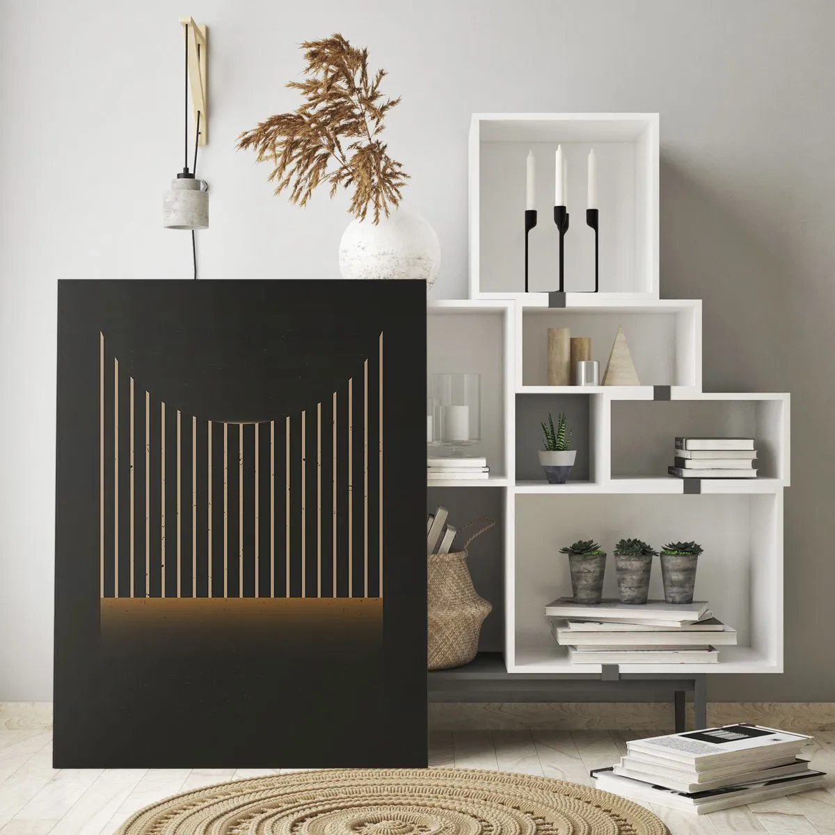 Cuadro sobre vidrio - Impresiones sobre Vidrio - Patrón geométrico con rayas sobre fondo oscuro. - 80x120cm - Explorar la oscuridad - Decoración de pared moderna para salón y dormitorio ARTTOR