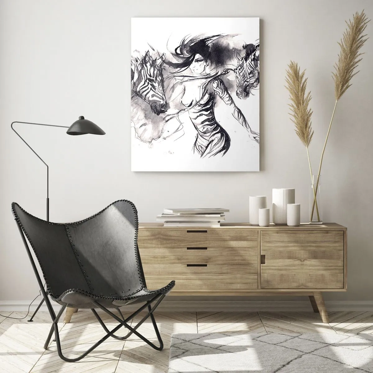 Cuadro sobre vidrio - Impresiones sobre Vidrio - Composición en blanco y negro con una mujer y una cebra en estilo artístico. - 50x70cm - Bailando con las cebras - Decoración de pared moderna para salón y dormitorio ARTTOR