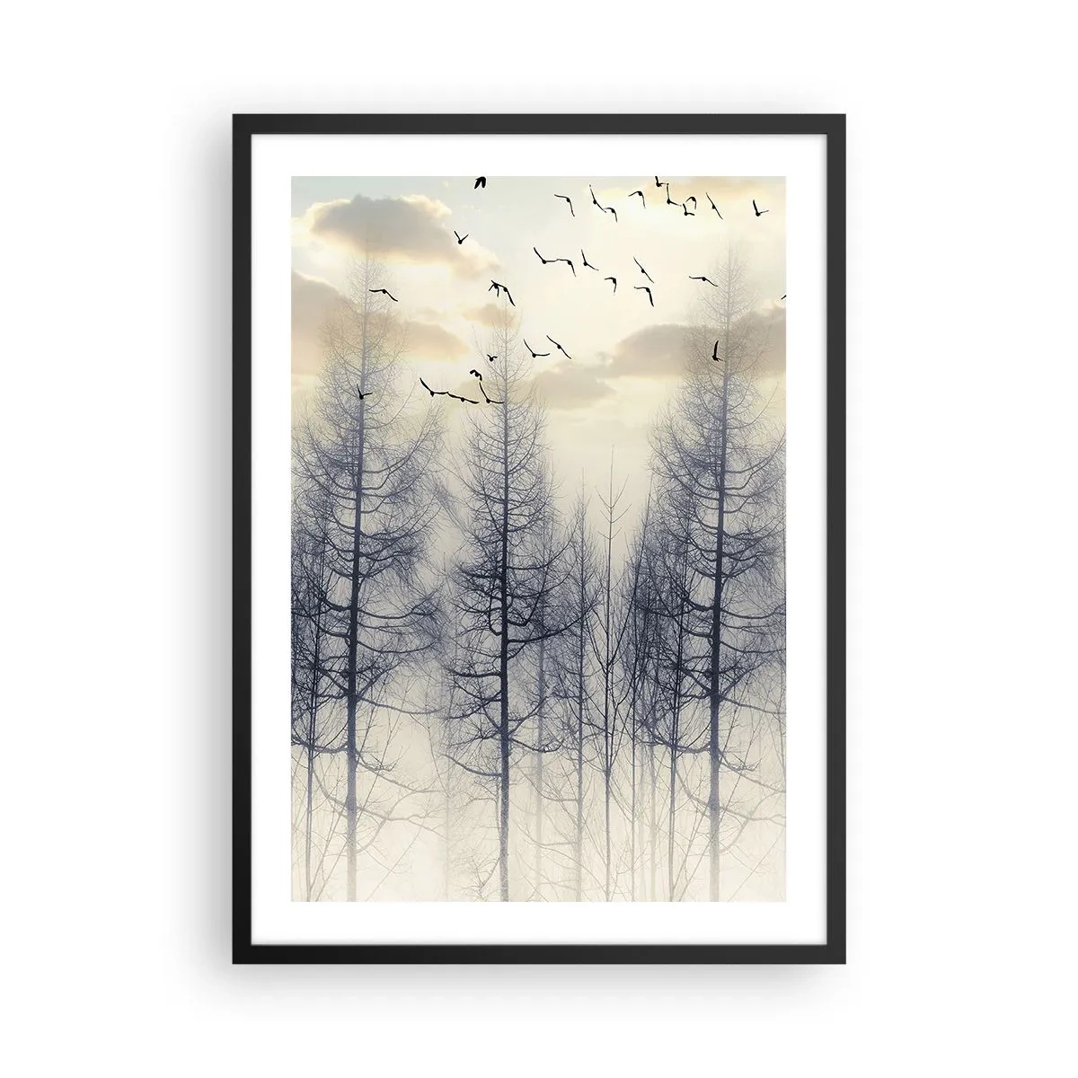 Póster en marco negro - Un bosque brumoso con árboles altos y pájaros volando por la mañana. - 50x70cm - Espíritus del bosque - Decoración de pared moderna para salón y dormitorio ARTTOR