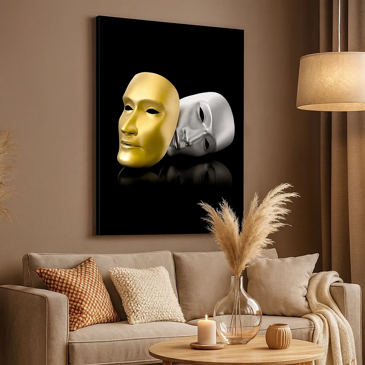 Cuadro sobre lienzo - Impresión de Imagen - Máscara de oro y plata sobre fondo negro. - 50x70cm - La vida es un teatro - Decoración de pared moderna para salón y dormitorio ARTTOR