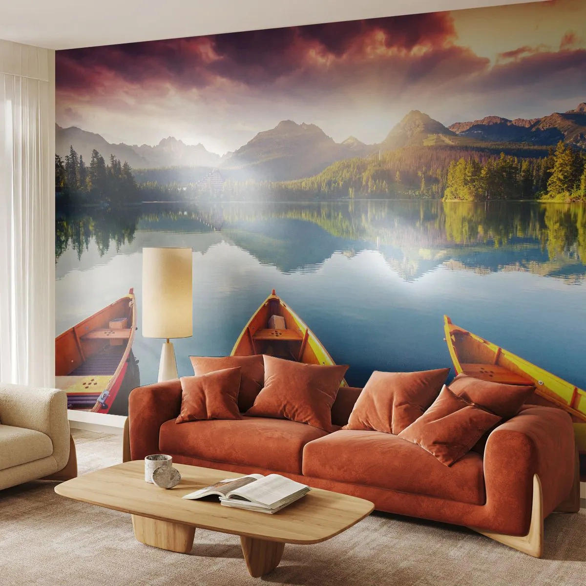 Fotomural Standard Eco - Lago de montaña con barcos al atardecer - 100x70cm - Frente a la naturaleza - Decoración de pared moderna para salón y dormitorio ARTTOR