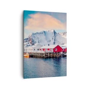 Cuadro sobre lienzo - Impresión de Imagen - Casas rojas con el telón de fondo de montañas nevadas y el mar azul. - 50x70cm - Un retiro en el norte - Decoración de pared moderna para salón y dormitorio ARTTOR