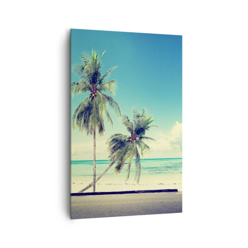 Cuadro sobre lienzo - Impresión de Imagen - Una camioneta rosa con una tabla de surf frente a una playa tropical. - 80x120cm - Comienzan las vacaciones - Decoración de pared moderna para salón y dormitorio ARTTOR