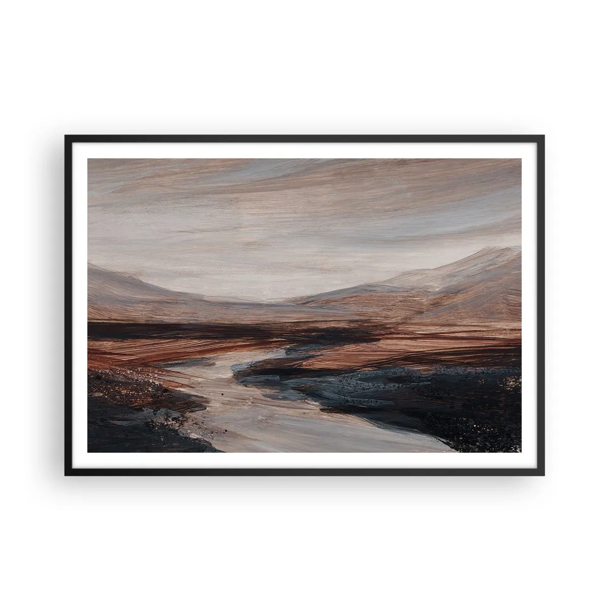 Póster en marco negro - Un paisaje pintoresco con un río y montañas. - 100x70cm - Valle apacible - Decoración de pared moderna para salón y dormitorio ARTTOR