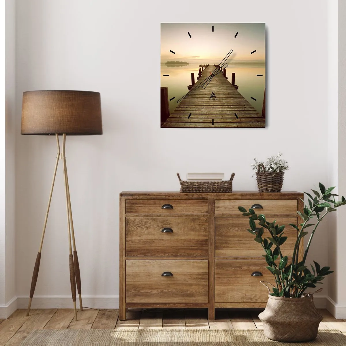 Reloj de pared - Reloj de vidrio - Un embarcadero de madera en un lago tranquilo por la mañana. - 30x30cm - Antes del amanecer, al amanecer, la luz - Decoración de pared moderna para salón y dormitorio ARTTOR