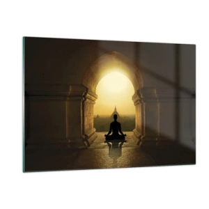 Cuadro sobre vidrio - Impresiones sobre Vidrio - Silueta de una persona meditando a la luz del sol poniente en un arco arquitectónico. - 120x80cm - Armonía total - Decoración de pared moderna para salón y dormitorio ARTTOR
