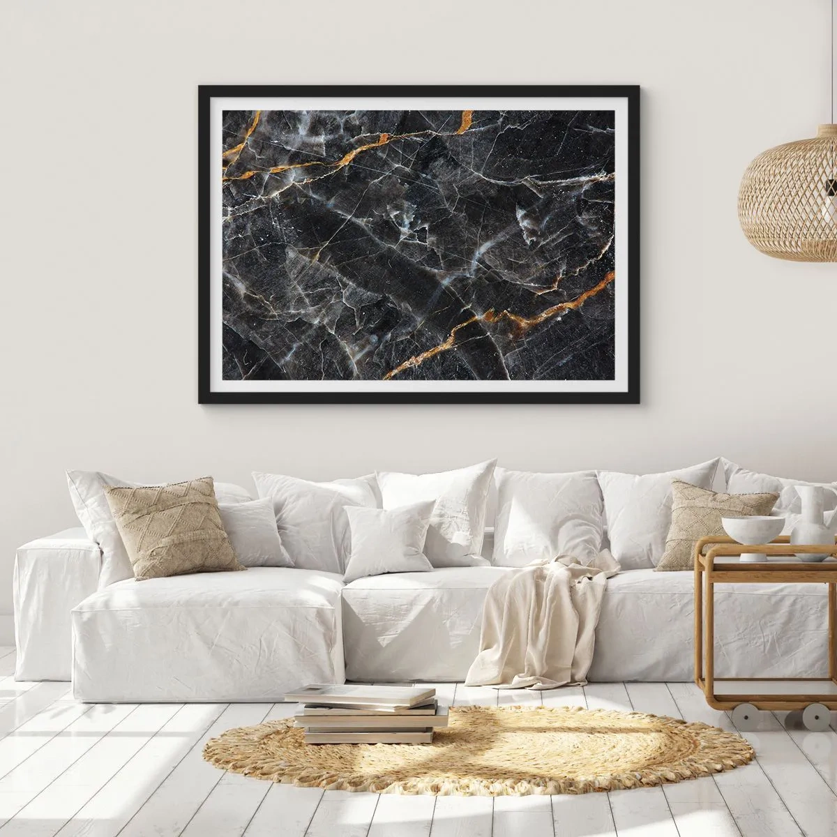 Póster en marco negro - Detalles negros y dorados de la superficie de mármol. - 100x70cm - La vida interior de la piedra - Decoración de pared moderna para salón y dormitorio ARTTOR