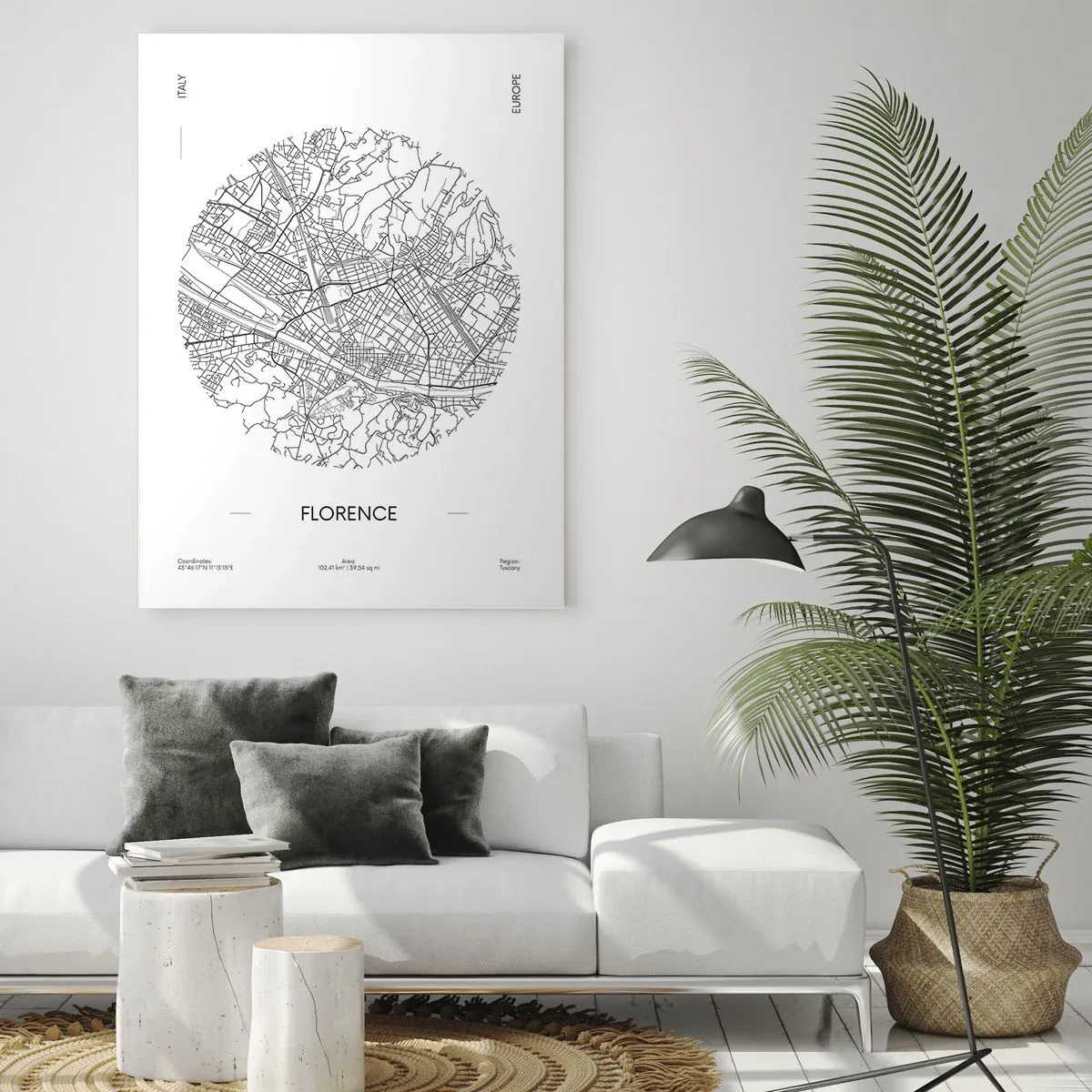 Cuadro sobre vidrio - Impresiones sobre Vidrio - Florencia en forma de mapa estilizado con una red de calles - 50x70cm - Anatomía de Florencia - Decoración de pared moderna para salón y dormitorio ARTTOR