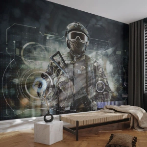 Fotomural Standard Eco - Soldado futurista en uniforme con elementos digitales. - 100x70cm - De poder a poder - Decoración de pared moderna para salón y dormitorio ARTTOR