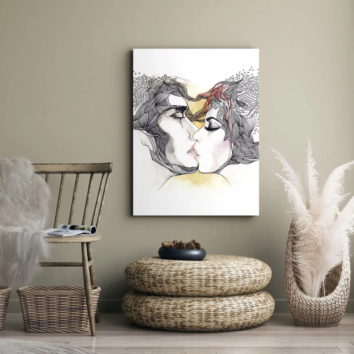 Cuadro sobre lienzo - Impresión de Imagen - Retrato artístico de una pareja con motivos abstractos en el cabello. - 50x70cm - El mundo no importa - Decoración de pared moderna para salón y dormitorio ARTTOR