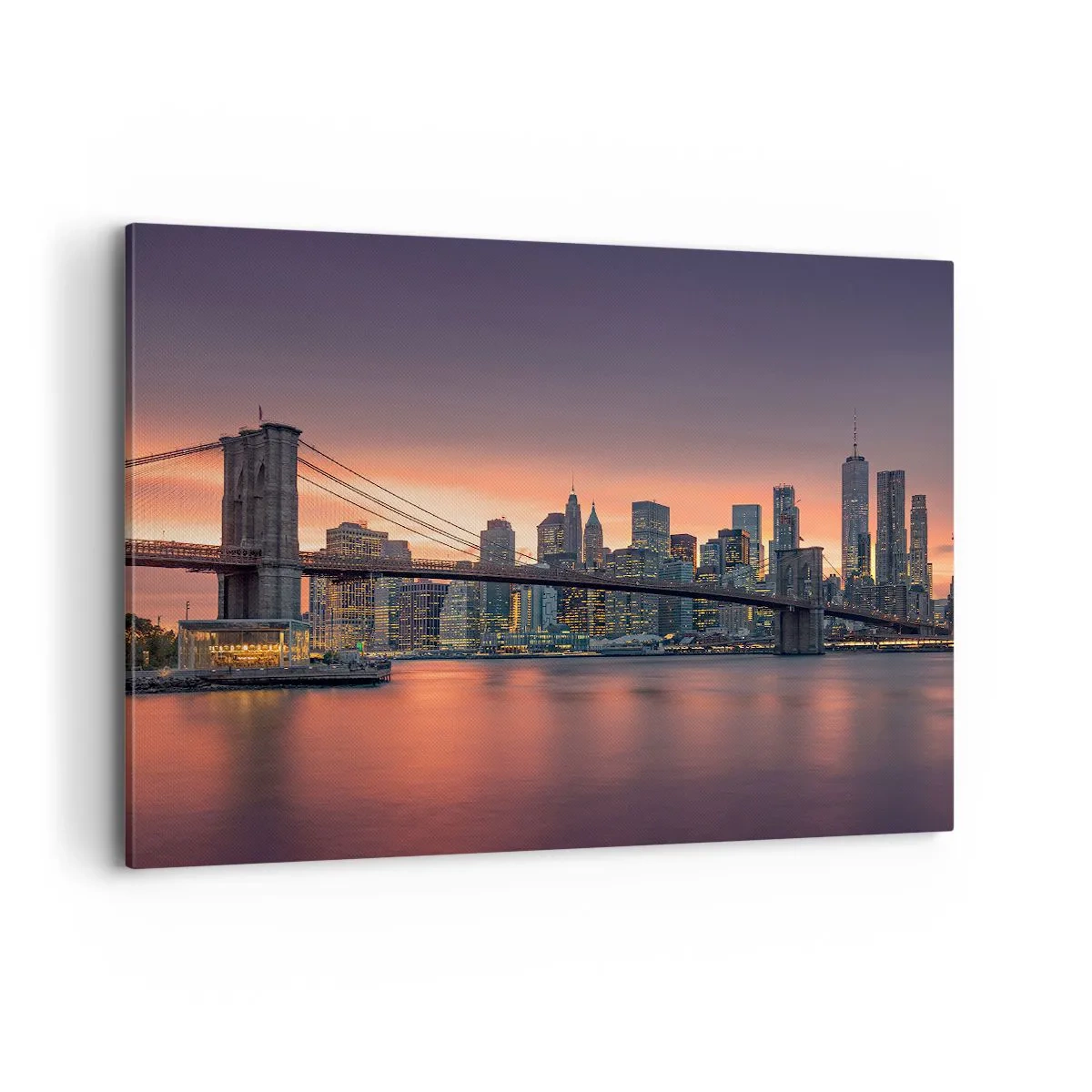 Cuadro sobre lienzo - Impresión de Imagen - Panorama nocturno de la ciudad con un puente y un cielo iluminado. - 100x70cm - Ahogado en el silencio lila - Decoración de pared moderna para salón y dormitorio ARTTOR