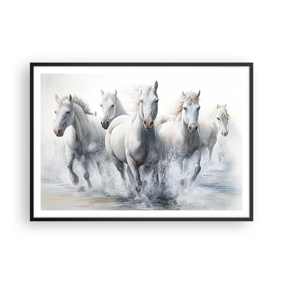 Póster en marco negro - Caballos blancos galopando por el agua - 100x70cm - Magia blanca - Decoración de pared moderna para salón y dormitorio ARTTOR