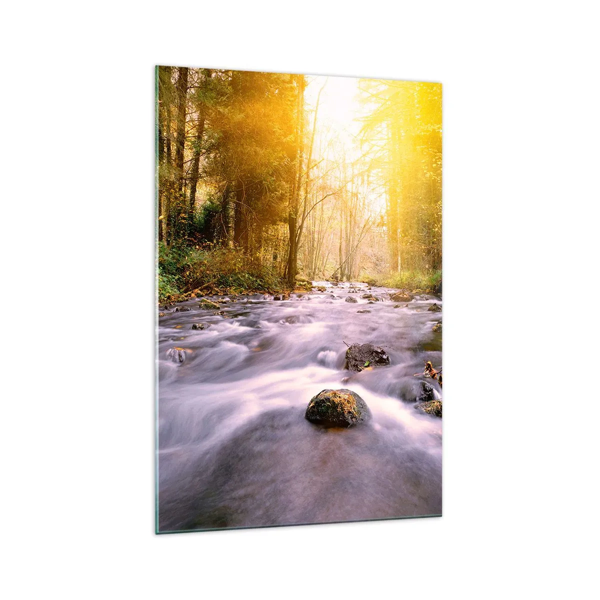 Cuadro sobre vidrio - Impresiones sobre Vidrio - Un arroyo forestal iluminado por los rayos del sol. - 70x100cm - Malaquita en un marco de plata y oro - Decoración de pared moderna para salón y dormitorio ARTTOR