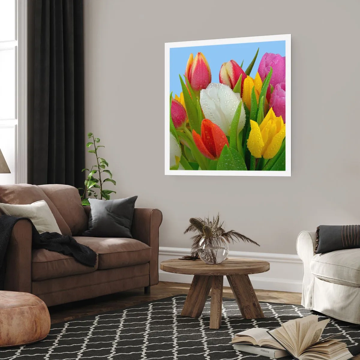 Póster - Arco iris floral en gotas de rocío - 60x60 cm