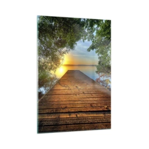 Cuadro sobre vidrio - Impresiones sobre Vidrio - Muelle de madera sobre el lago al atardecer - 50x70cm - Tómate tu tiempo, siéntate - Decoración de pared moderna para salón y dormitorio ARTTOR