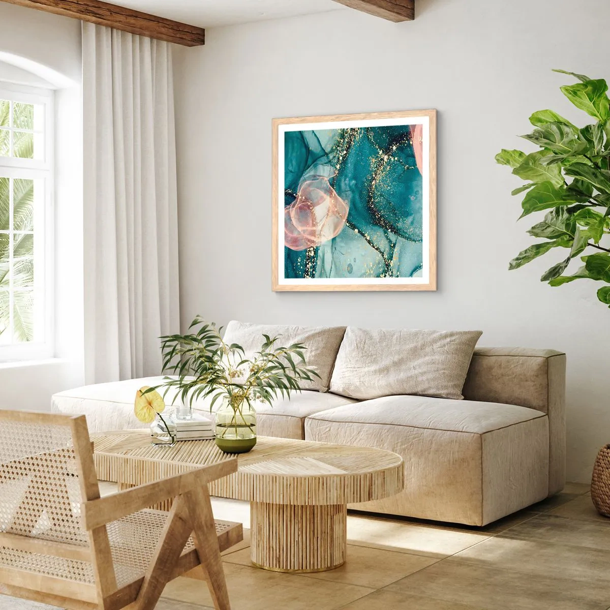 Póster en marco roble claro - Seda azul, tul rosa - 40x40 cm