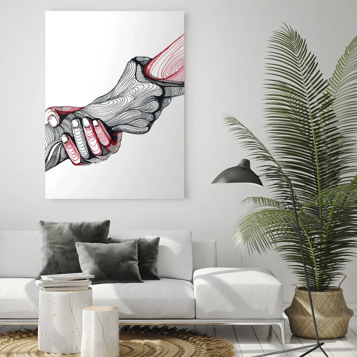 Cuadro sobre vidrio - Impresiones sobre Vidrio - Dibujo abstracto de dos manos en un apretón de manos. - 50x70cm - Estás en buenas manos - Decoración de pared moderna para salón y dormitorio ARTTOR