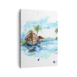 Cuadro sobre lienzo - Impresión de Imagen - Pintura de acuarela de un paisaje tropical con casas y palmeras. - 50x70cm - En algún lugar del Pacífico - Decoración de pared moderna para salón y dormitorio ARTTOR