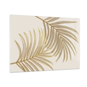 Cuadro sobre vidrio - Impresiones sobre Vidrio - Hojas de palma doradas sobre un fondo claro. - 100x70cm - Palma de Oro - Decoración de pared moderna para salón y dormitorio ARTTOR