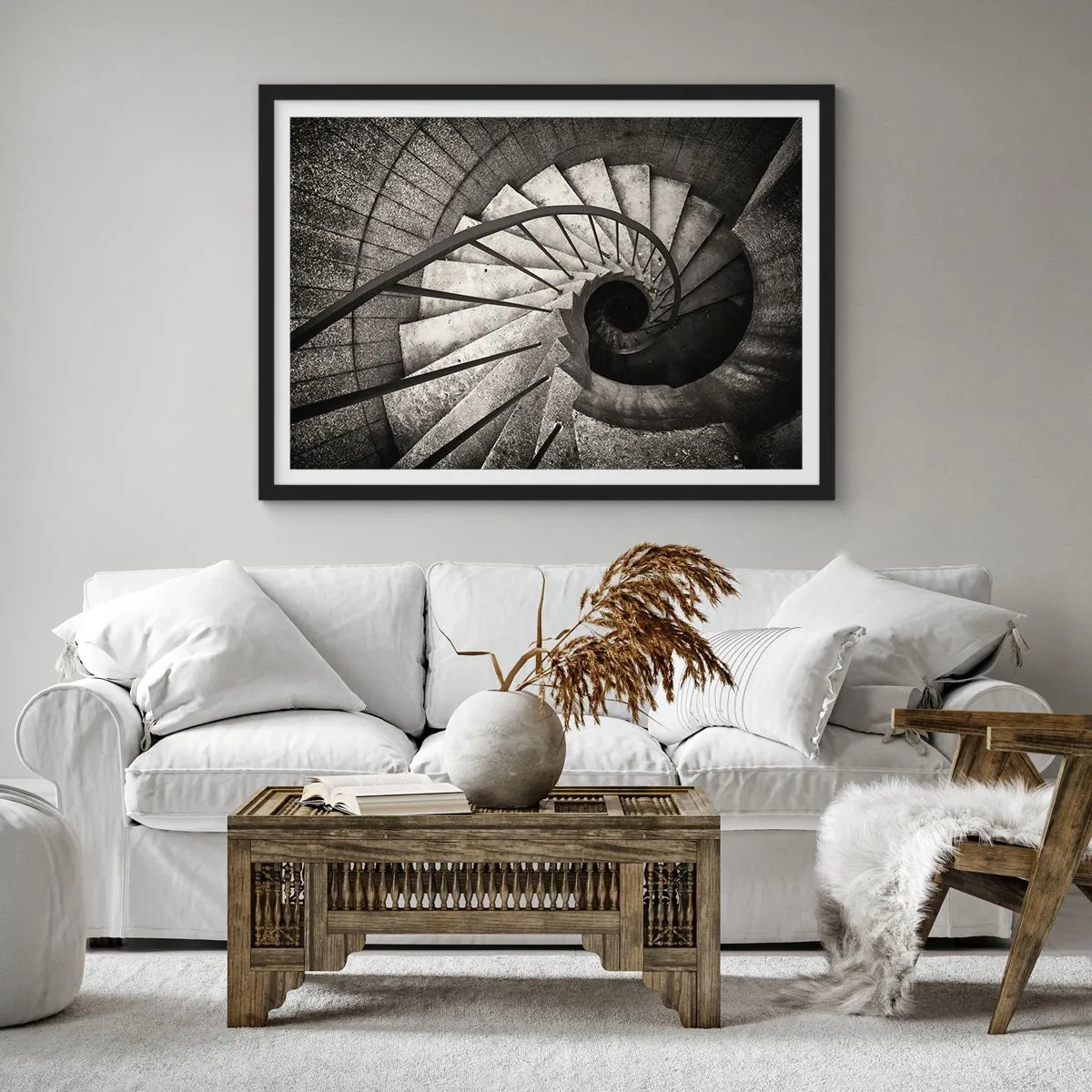 Póster en marco negro - Escalera de caracol en blanco y negro de estilo moderno. - 100x70cm - Escaleras arriba, escaleras abajo - Decoración de pared moderna para salón y dormitorio ARTTOR