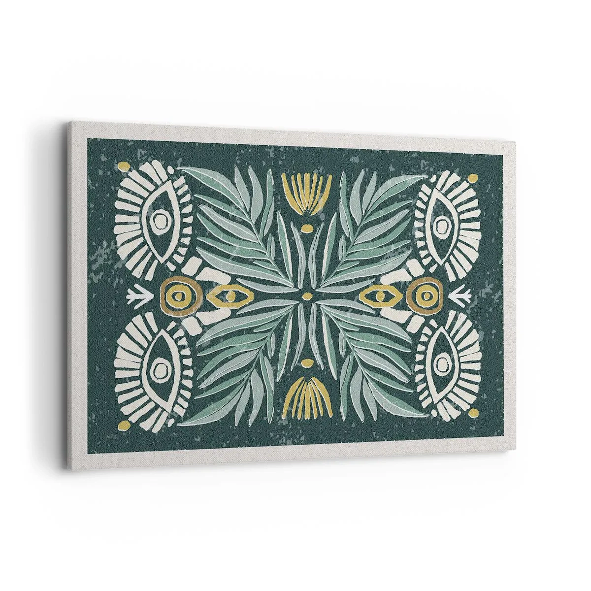 Cuadro sobre lienzo - Impresión de Imagen - Patrón de planta simétrica sobre un fondo verde. - 100x70cm - Como un recorte folclórico - Decoración de pared moderna para salón y dormitorio ARTTOR