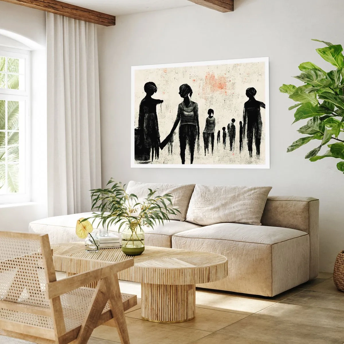 Póster - Figuras en una composición monocromática sobre un fondo claro. - 100x70cm - Contra la soledad - Decoración de pared moderna para salón y dormitorio ARTTOR