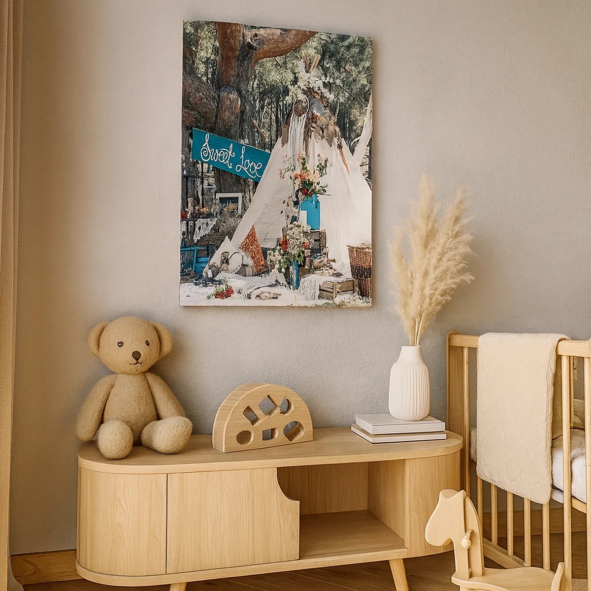 Cuadro sobre lienzo - Impresión de Imagen - Decoración boho con un tipi en el bosque - 50x70cm - Amor exótico - Decoración de pared moderna para salón y dormitorio ARTTOR