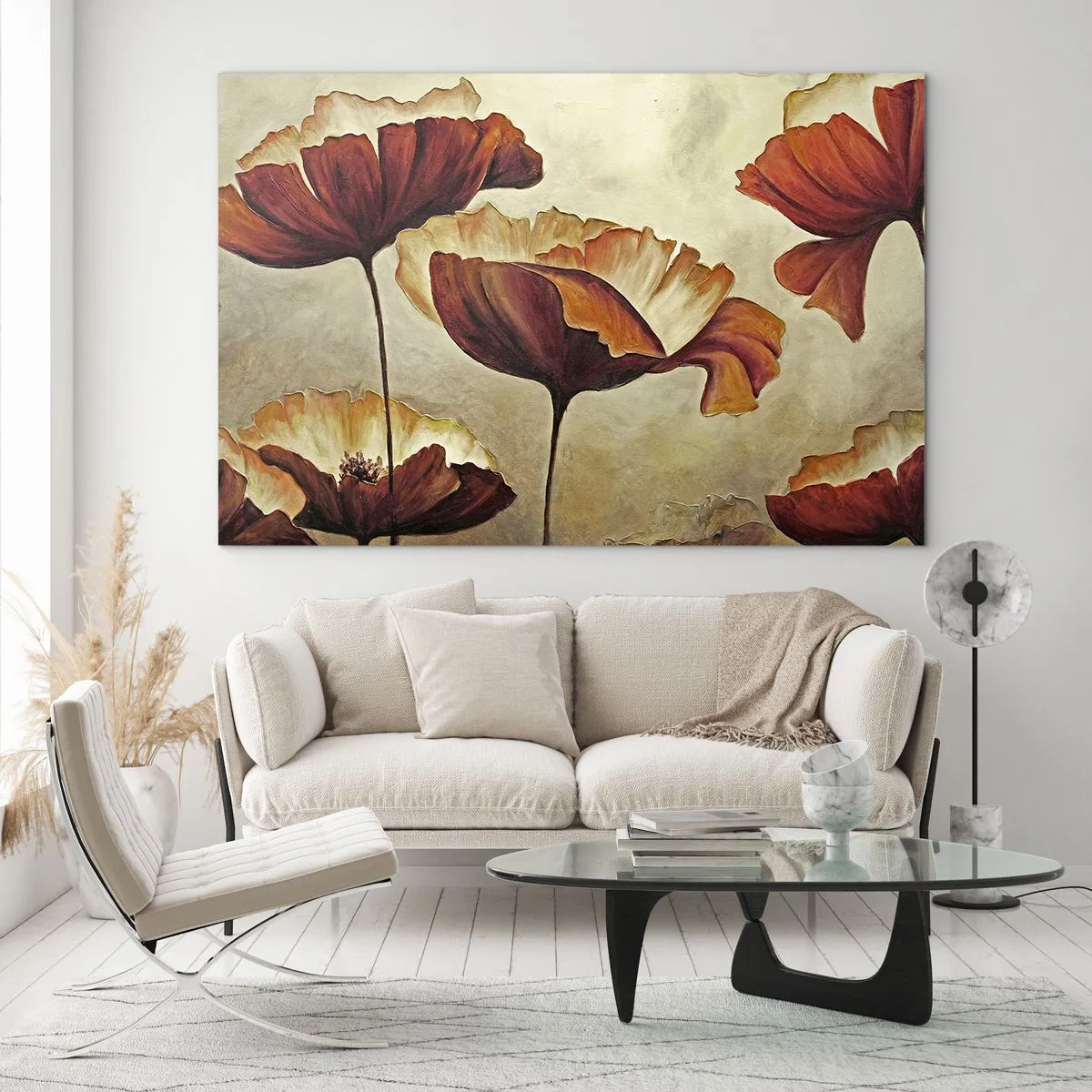 Cuadro sobre vidrio - Impresiones sobre Vidrio - Flores de amapola en tonos rojos y dorados sobre un fondo claro. - 70x50cm - Prado de prados - Decoración de pared moderna para salón y dormitorio ARTTOR
