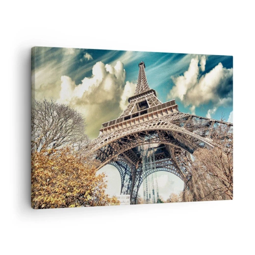 Cuadro sobre lienzo - Impresión de Imagen - La Torre Eiffel desde abajo en un entorno otoñal - 70x50cm - Y en París, en otoño... - Decoración de pared moderna para salón y dormitorio ARTTOR