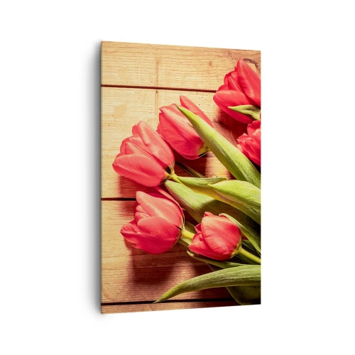 Cuadro sobre lienzo - Impresión de Imagen - Un ramo de tulipanes rosas sobre un fondo de madera. - 80x120cm - Una confesión primaveral - Decoración de pared moderna para salón y dormitorio ARTTOR