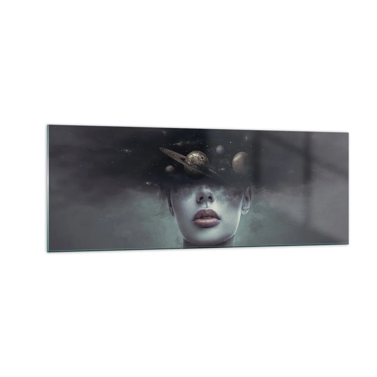 Cuadro sobre vidrio - Impresiones sobre Vidrio - Un rostro de mujer con un motivo de planeta y espacio en el fondo. - 140x50cm - Y los planetas sienten... - Decoración de pared moderna para salón y dormitorio ARTTOR