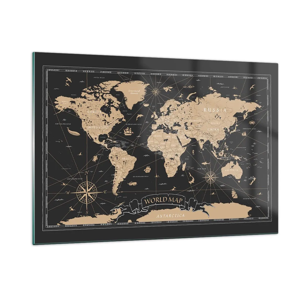 Cuadro sobre vidrio - Impresiones sobre Vidrio - Mapa del mundo estilizado en tonos beige y negro. - 120x80cm - Las fronteras de mi mundo - Decoración de pared moderna para salón y dormitorio ARTTOR