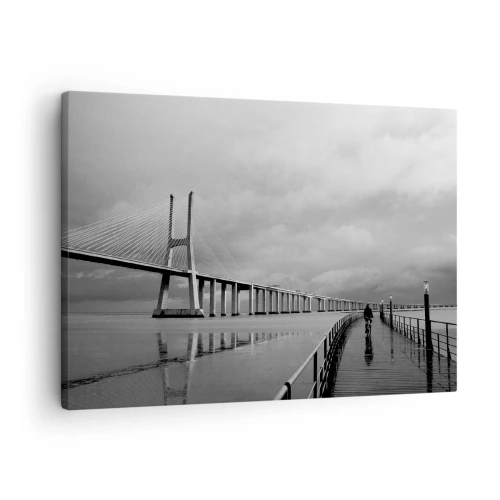Cuadro sobre lienzo - Impresión de Imagen - Un puente colgante sobre el agua en blanco y negro. - 70x50cm - A cada uno lo suyo - Decoración de pared moderna para salón y dormitorio ARTTOR