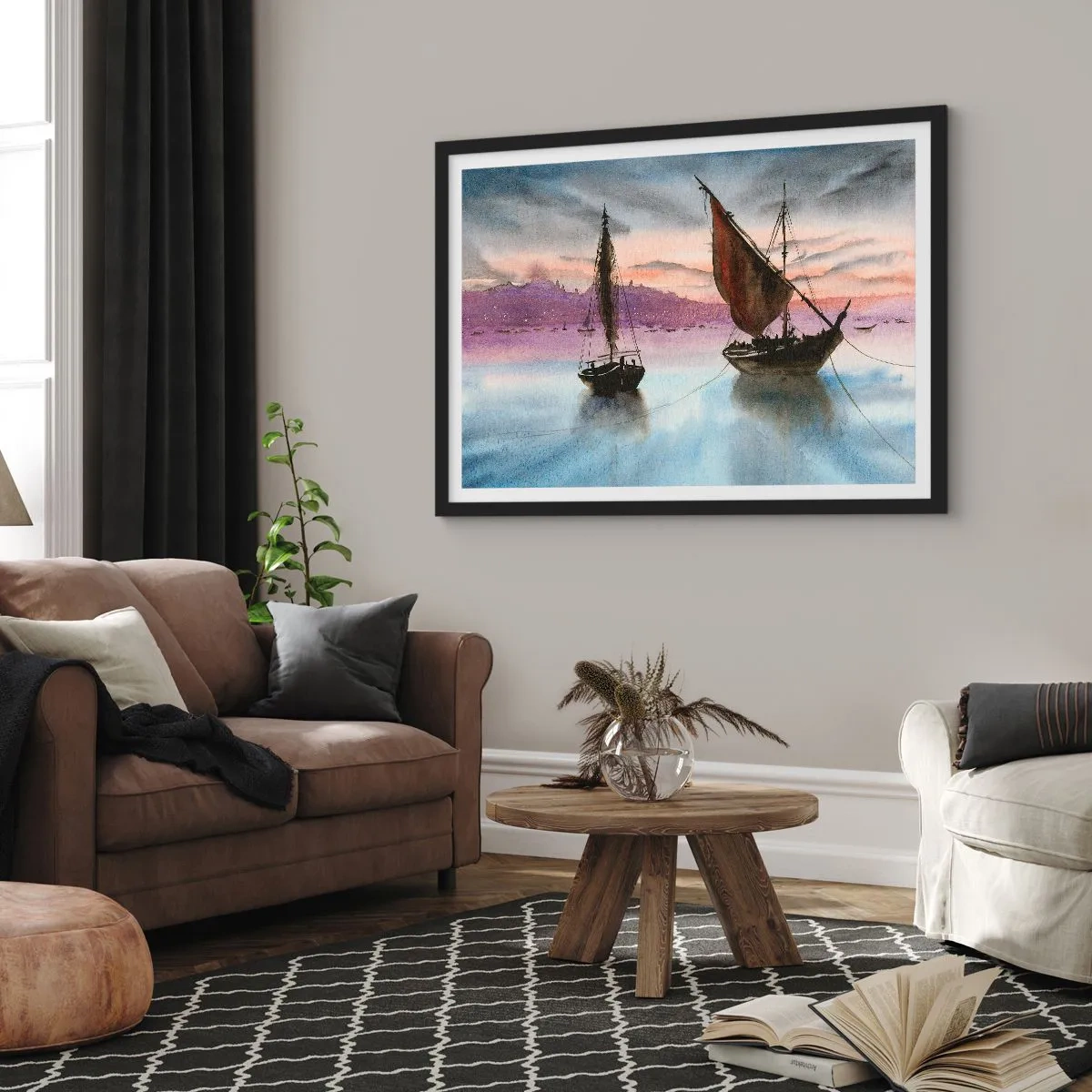 Póster en marco negro - Atardecer en el puerto - 91x61 cm