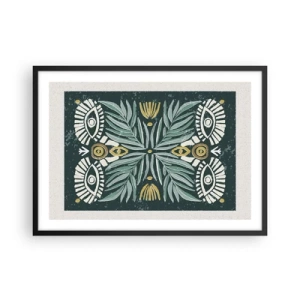 Póster en marco negro - Patrón de planta simétrica sobre un fondo verde. - 70x50cm - Como un recorte folclórico - Decoración de pared moderna para salón y dormitorio ARTTOR