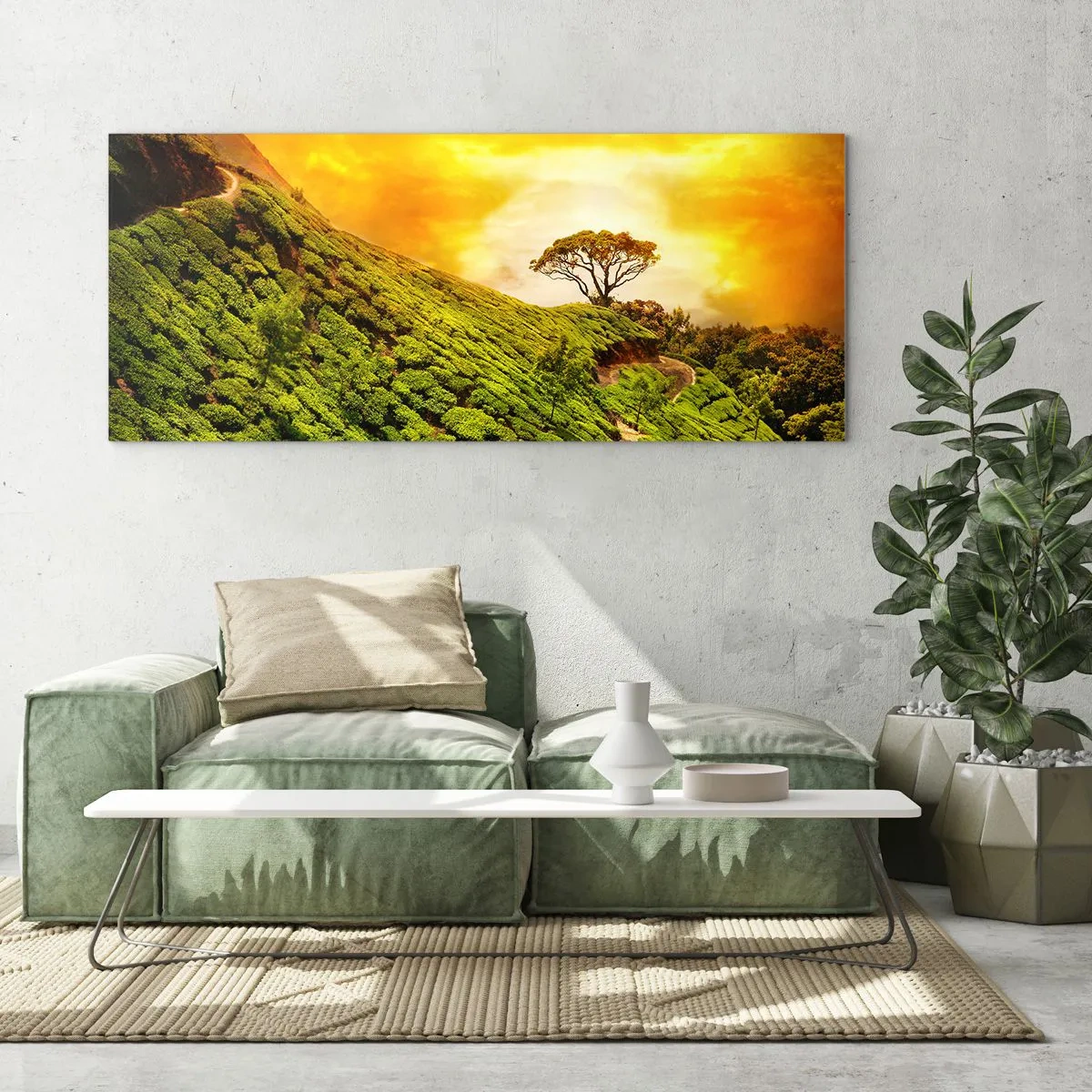 Cuadro sobre vidrio - Impresiones sobre Vidrio - Colinas verdes de plantaciones de té al atardecer - 120x50cm - Por un camino sinuoso, por una verde pendiente - Decoración de pared moderna para salón y dormitorio ARTTOR