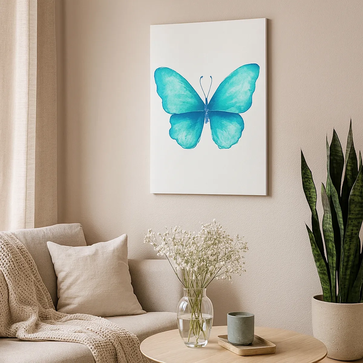 Cuadro sobre lienzo - Impresión de Imagen - Mariposa azul en estilo acuarela sobre fondo blanco - 50x70cm - Turquesa por naturaleza - Decoración de pared moderna para salón y dormitorio ARTTOR