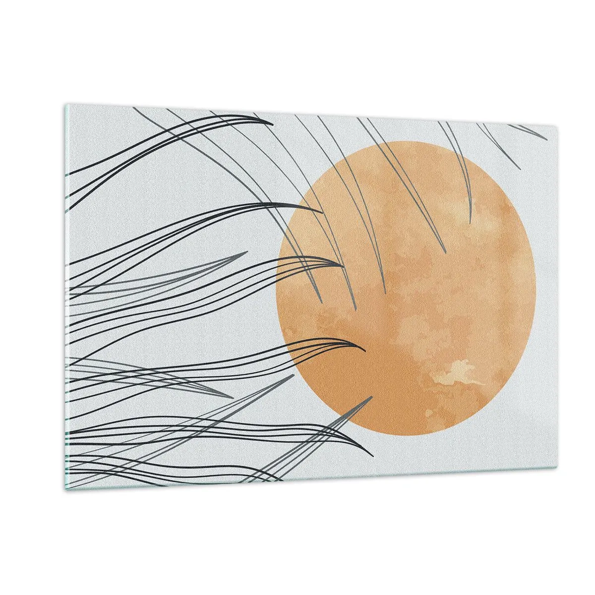 Cuadro sobre vidrio - Impresiones sobre Vidrio - Sol naranja con líneas dinámicas sobre un fondo claro. - 120x80cm - Siempre hacia el sol - Decoración de pared moderna para salón y dormitorio ARTTOR