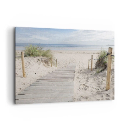 Cuadro sobre lienzo - Impresión de Imagen - Un camino de tablones que conduce a una playa de arena. - 120x80cm - Hasta el horizonte - Decoración de pared moderna para salón y dormitorio ARTTOR
