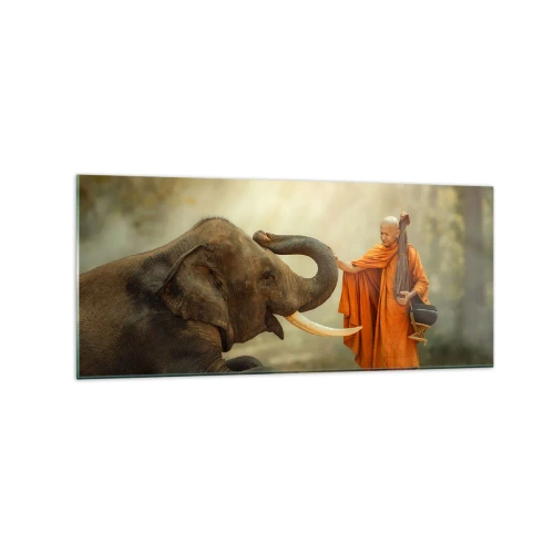Cuadro sobre vidrio - Impresiones sobre Vidrio - Un monje y un elefante en armonía con la naturaleza como telón de fondo. - 120x50cm - Un encuentro en un viaje - Decoración de pared moderna para salón y dormitorio ARTTOR